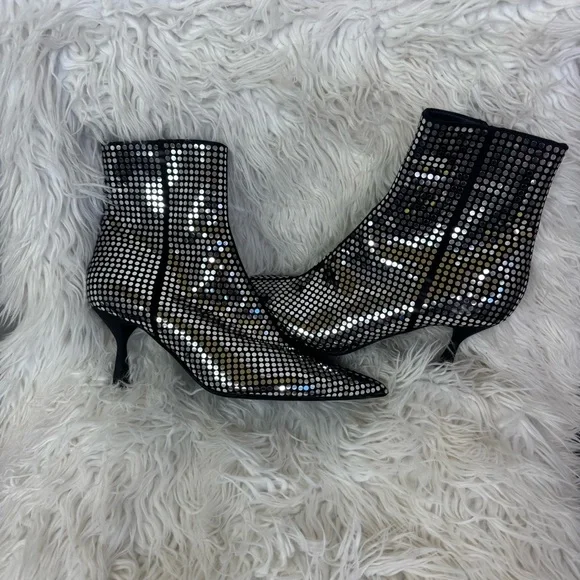 NEW AGL Black Sequins Silver Leather Pointed Toe Side Zip  display picture 1